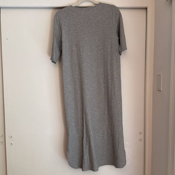 EILEEN FISHER Ribbed Crew Neck Midi Dress Gray Medium Tencel Curved Hem - Picture 4 of 5